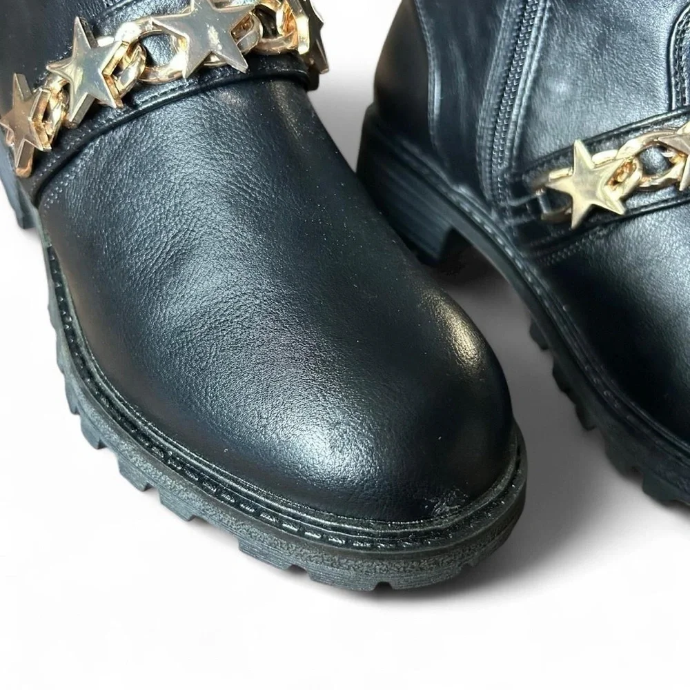 Kidpik Girls’ Moto Boots – Size 1 – Leather with Star Chain Detail